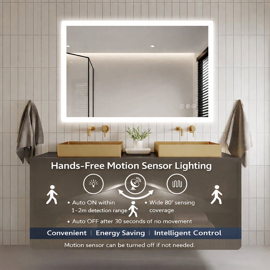 Gloviea Miroir LED intelligent rectangulaire avec lumières, intensité variable et luminosité réglable, capteur de mouvement, anti-buée, fonction mémoire, éclairage avant et arrière, design à bords polis