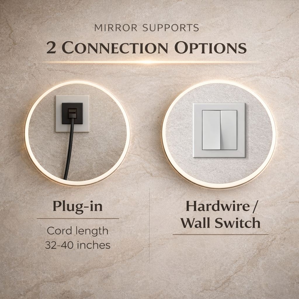 Miroir intelligent LED semi-circulaire Gloviea avec lumières, luminosité réglable et graduable, capteur de mouvement, anti-buée, fonction mémoire, design rétroéclairé avant et arrière (découpe droite/gauche)