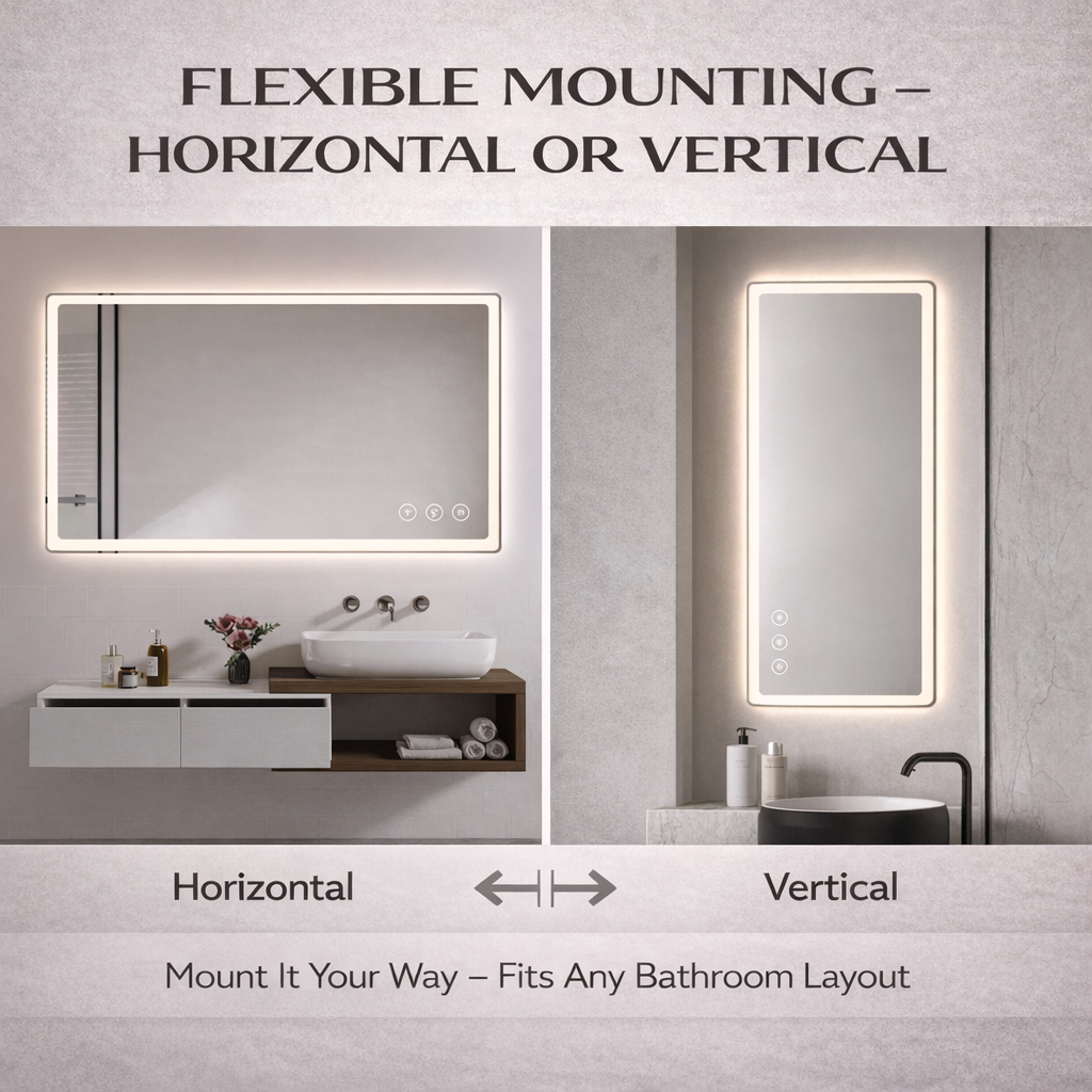 Miroir intelligent LED rectangulaire Gloviea avec lumières – Éclairage avant et arrière, haut-parleur Bluetooth, anti-buée