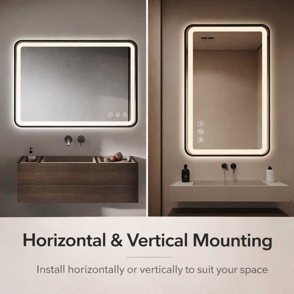 Gloviea Miroir LED intelligent rectangulaire à cadre noir brossé avec lumières, intensité et luminosité réglables, capteur de mouvement, anti-buée, fonction mémoire, design rétroéclairé
