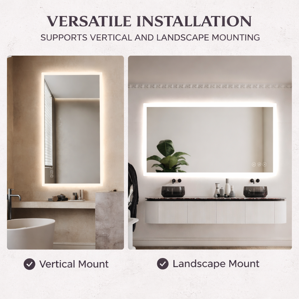 Gloviea Miroir LED intelligent rectangulaire avec lumières, intensité variable et luminosité réglable, capteur de mouvement, anti-buée, fonction mémoire, éclairage avant et arrière, design à bords polis