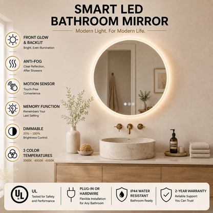 Gloviea Round LED Bathroom Mirror | Front &amp; Backlit | Full Frosted Edge, Anti-Fog, Motion Sensor