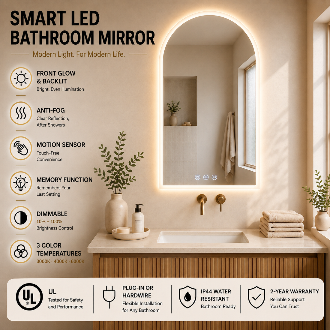 Gloviea Arched LED Bathroom Mirror – Full Frosted Edge | Front Glow + Backlit, Anti-Fog & Motion Sensor